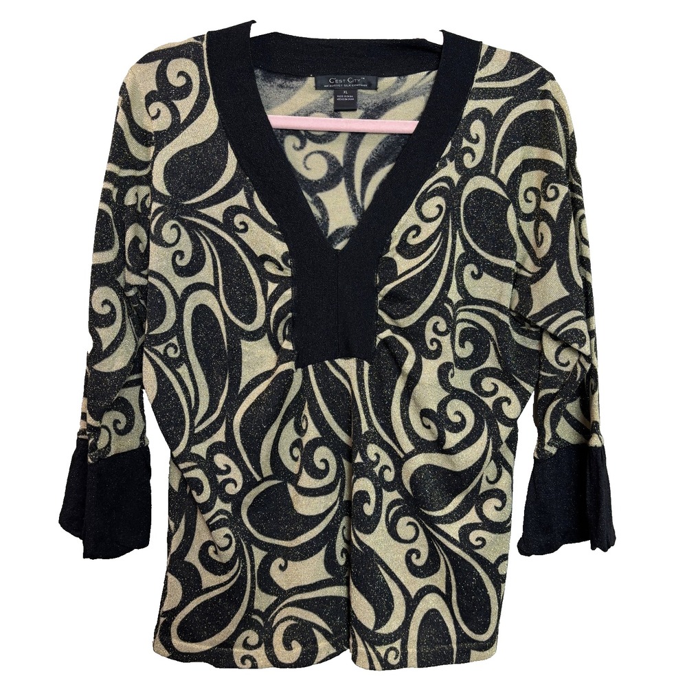 C'est City Women's XL Black & Gold Metallic Silk Blouse Paisley Dramatic Vintage